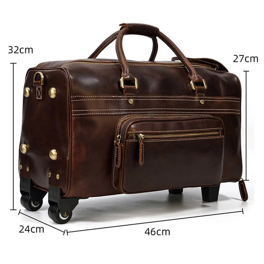 Men's large genuine leather travel wheeled duffel