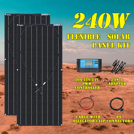 Flexible Solar Panel 12V Kits  240W 360w 480W 600W 720W Charge Controller Cable for Battery RV Trailer Boat Cabin Caravan Truck