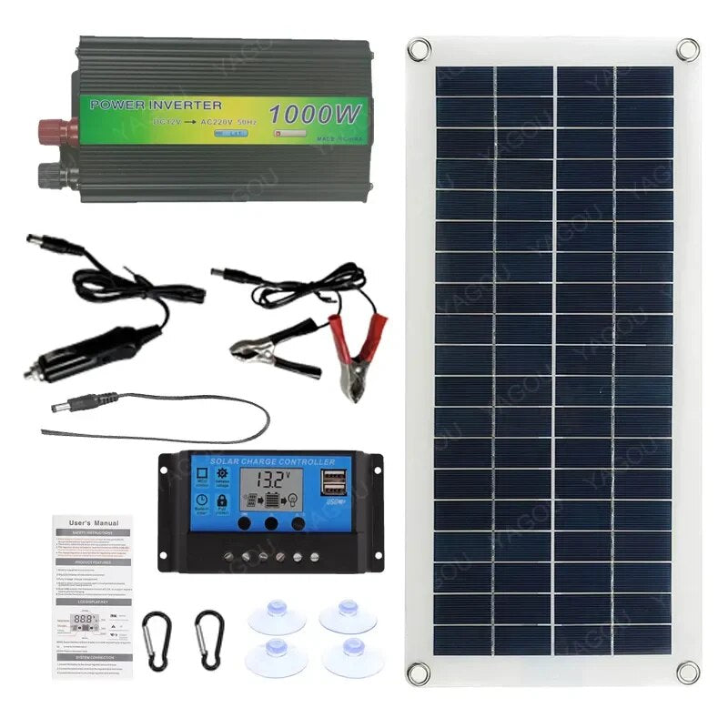 1000W Inverter Solar System 30W Solar Panel Kit Complete with Controller 12V Solar Power Battery Charge Set for Home Car Camping