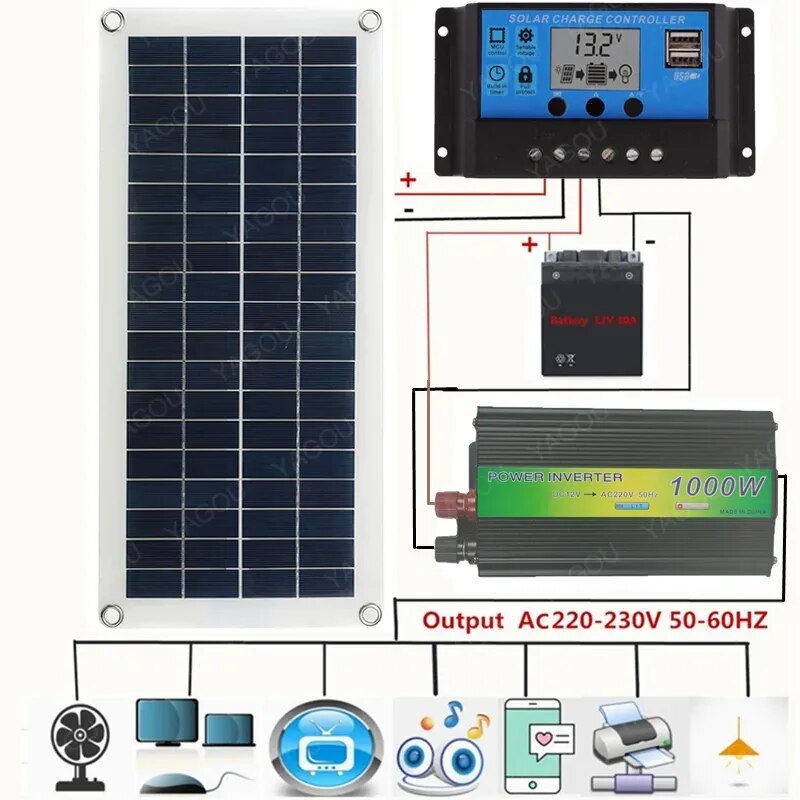 1000W Inverter Solar System 30W Solar Panel Kit Complete with Controller 12V Solar Power Battery Charge Set for Home Car Camping