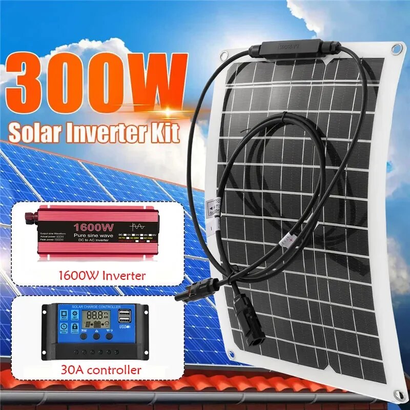 300W Solar Panel 1600W Solar Power System Kit Battery Charger 12V to 220V Pure Sine Wave Inverter Complete Power Generation