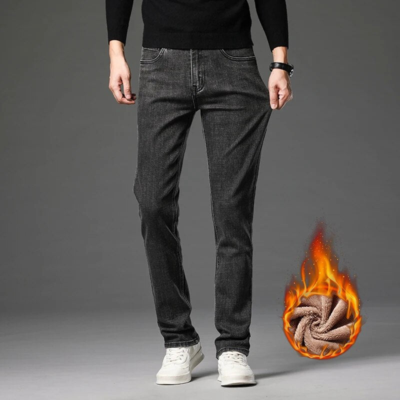 Men's Fashion Fleece Warm Jeans Business Casual