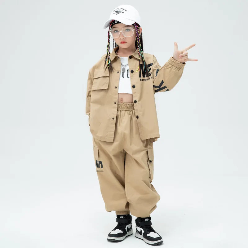 Boys & girls Street Dance Loose Jacket Khaki Cargo Pants