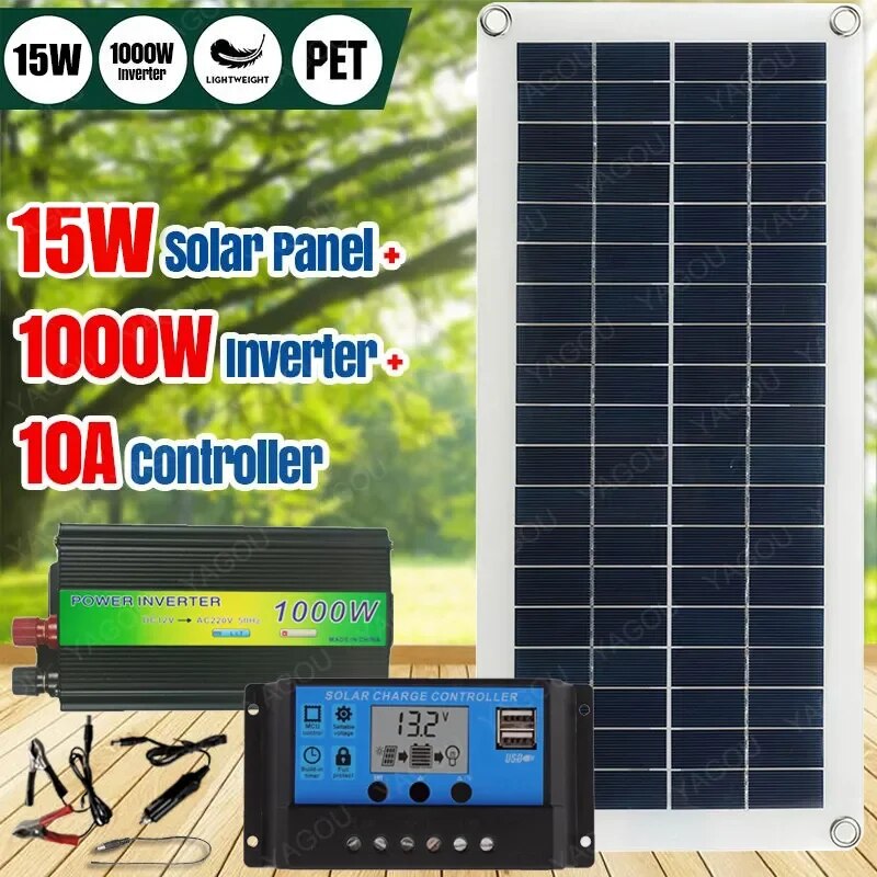 220V Solar Panel Kit Complete Real Power 15W Solar Battery Charger 1000W Inverter System USB Controller 220V Home Grid Camping