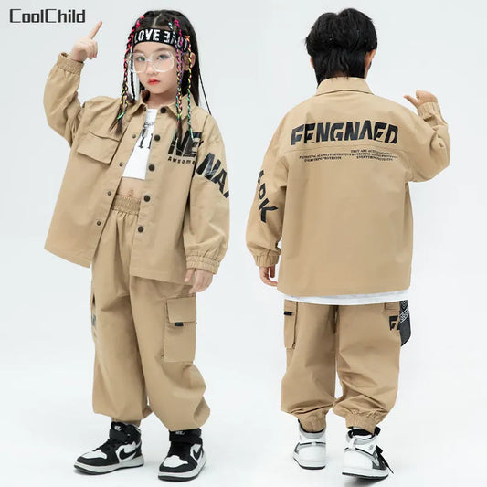 Boys & girls Street Dance Loose Jacket Khaki Cargo Pants