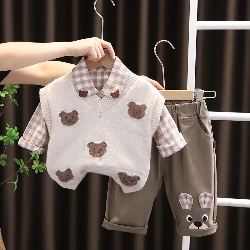 Children Clothes Suit, Kids Bear Vest +Lattice Shirt +Pants Sets