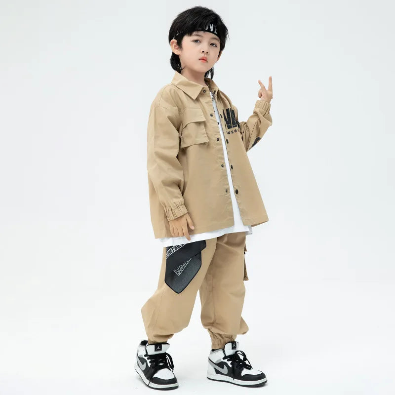 Boys & girls Street Dance Loose Jacket Khaki Cargo Pants