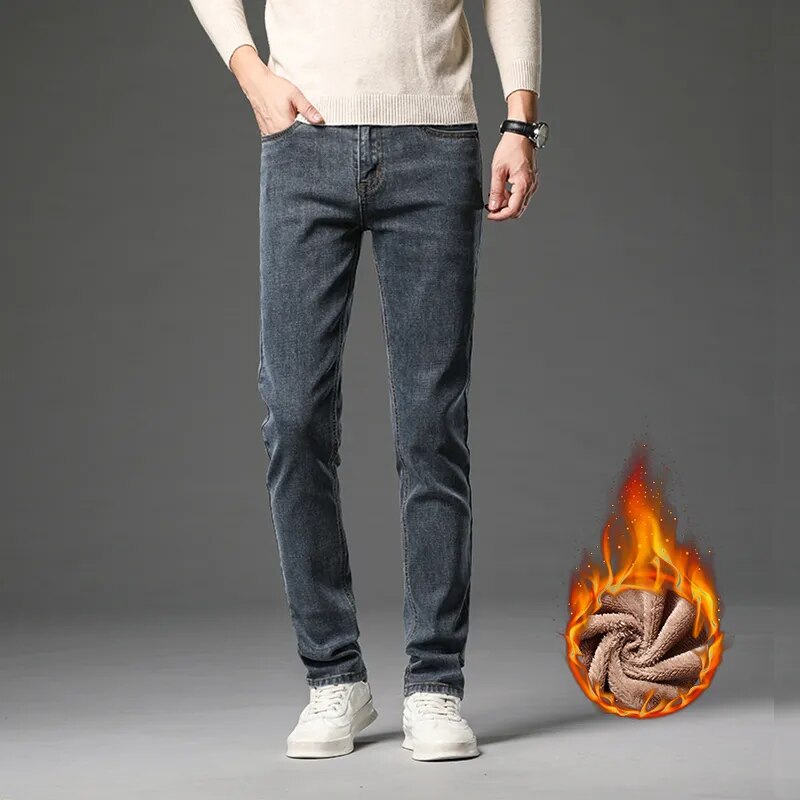 Men's Fashion Fleece Warm Jeans Business Casual