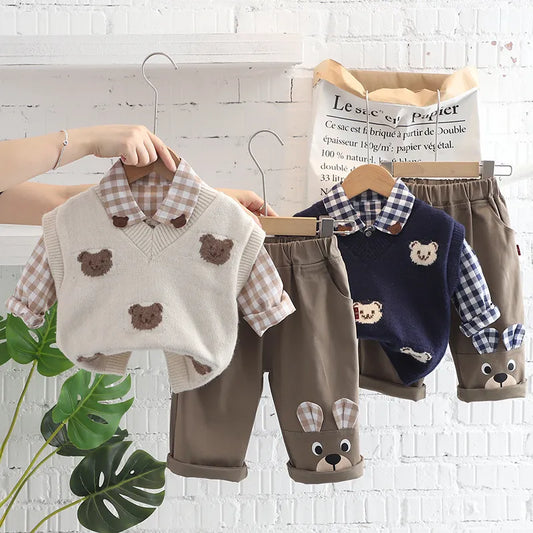 Children Clothes Suit, Kids Bear Vest +Lattice Shirt +Pants Sets