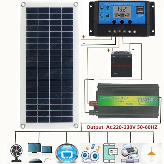 220V Solar Panel Kit Complete Real Power 15W Solar Battery Charger 1000W Inverter System USB Controller 220V Home Grid Camping