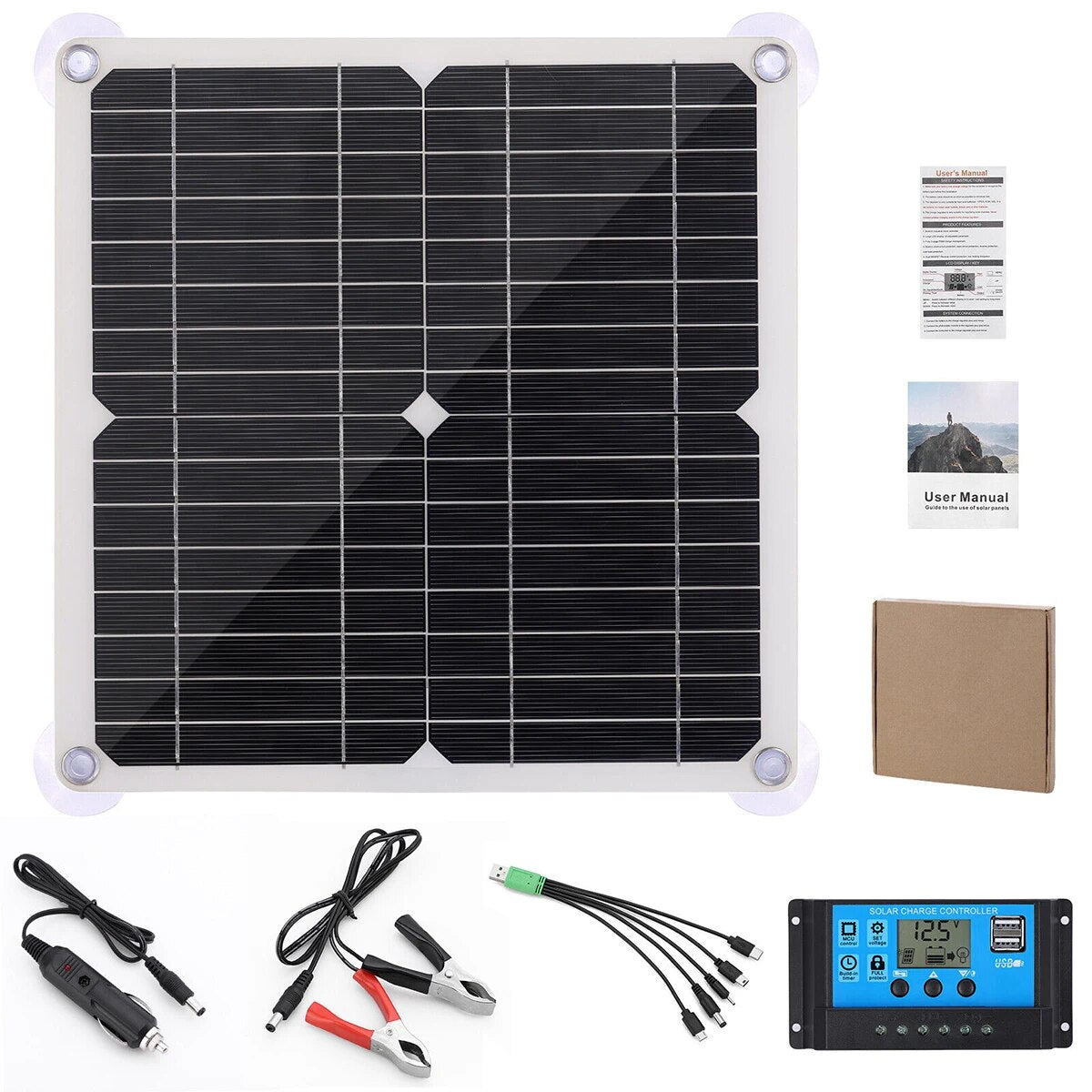 12V Car Battery Solar Panel Kit Solar Charger Portable Flexible Sun Power Solar Panel Charger Controller 2 USB Output 200W Max