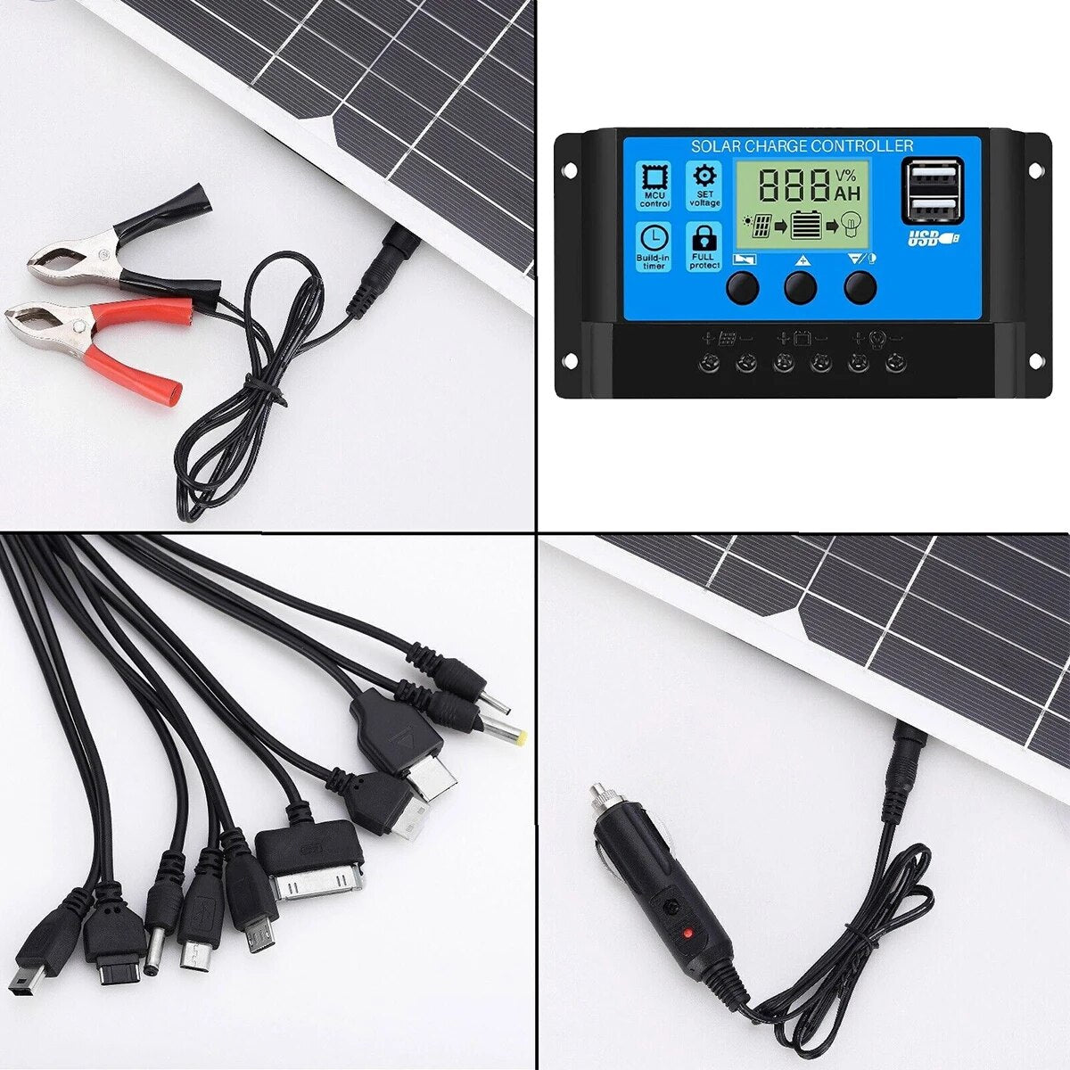 12V Car Battery Solar Panel Kit Solar Charger Portable Flexible Sun Power Solar Panel Charger Controller 2 USB Output 200W Max