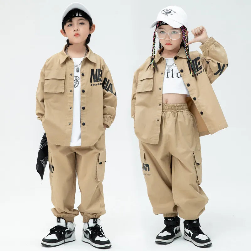 Boys & girls Street Dance Loose Jacket Khaki Cargo Pants