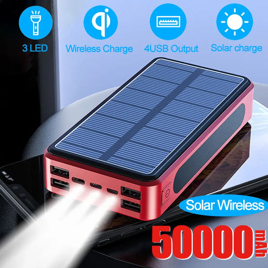 Wireless Solar Power Bank Portable 50000mAh Charger External Battery Charge with Strong 3 LED Light for Travel iPhone Xiaomi MI