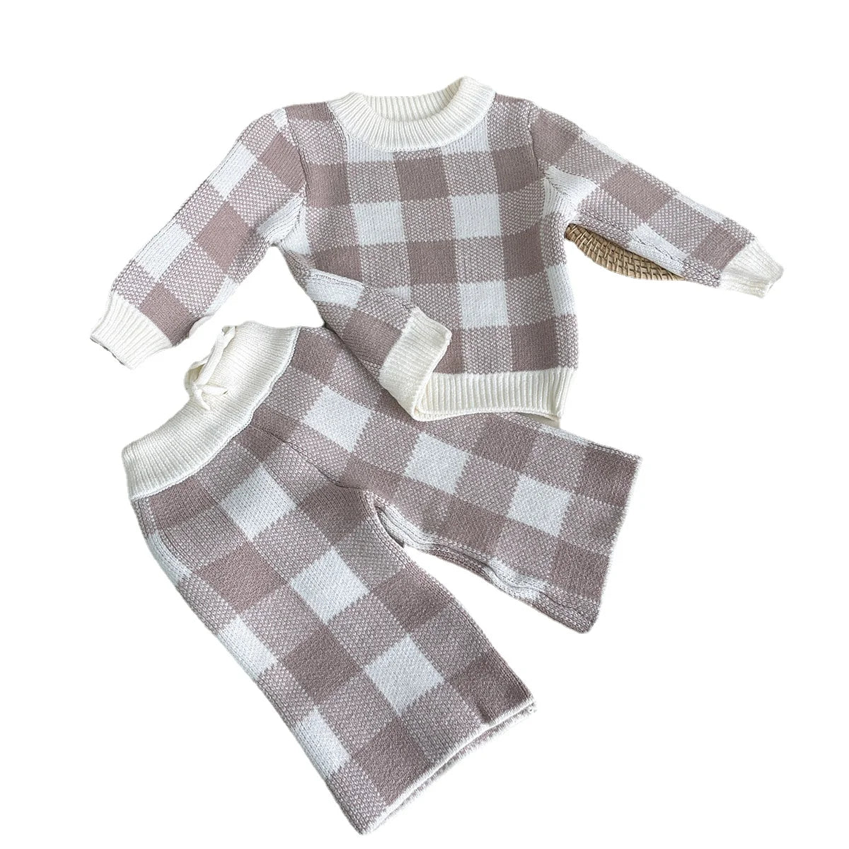 Newborn Baby Girls & Boys Full Sleeve Plaid Knitted Sweatshirt+Pants