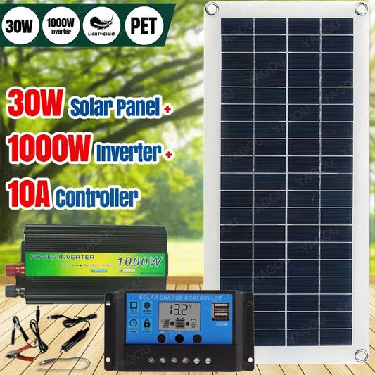 220V Solar Power System 30W Solar Panel Battery Charger 1000W Inverter USB Kit Complete Controller 220V Home Grid Camping