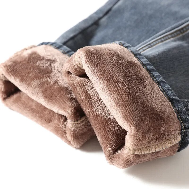 Men's Fashion Fleece Warm Jeans Business Casual