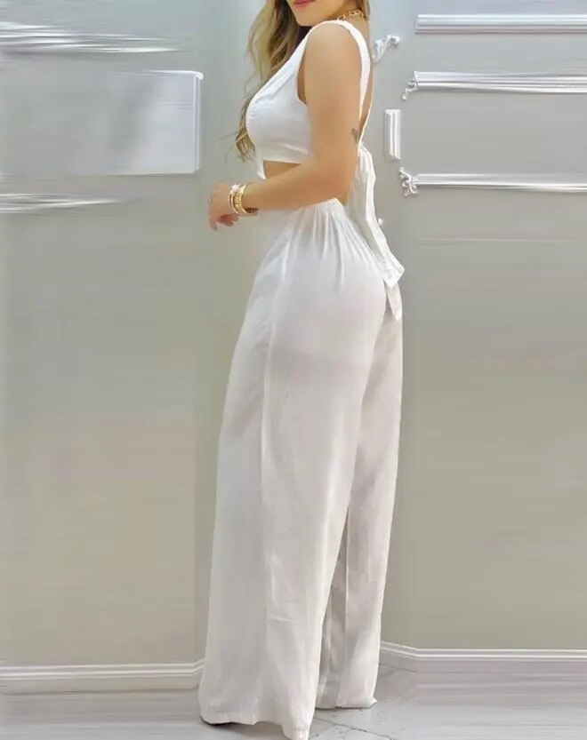 Casual Cutout Waist Backless Tied Detail Jumpsuit