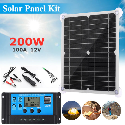 12V Car Battery Solar Panel Kit Solar Charger Portable Flexible Sun Power Solar Panel Charger Controller 2 USB Output 200W Max