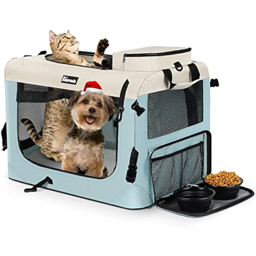 Large Cat Carrier 24"x17"x17", Soft Dog Crate with 2 Bowls,