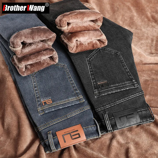 Men's Fashion Fleece Warm Jeans Business Casual