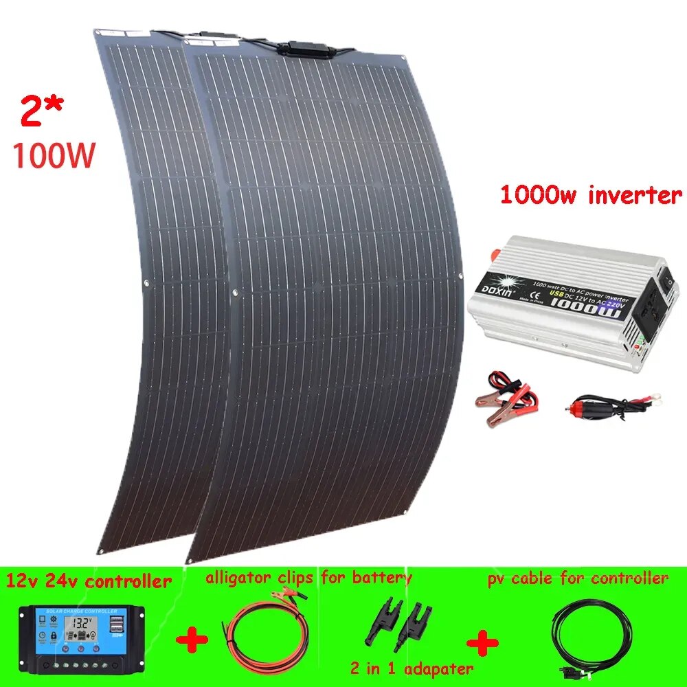 200W Off Grid Solar Power System Kit RV  for Shed/Home  2Pcs 100W Solar Panel + 20A Controller + 1000W Inverter Cable + Adapter