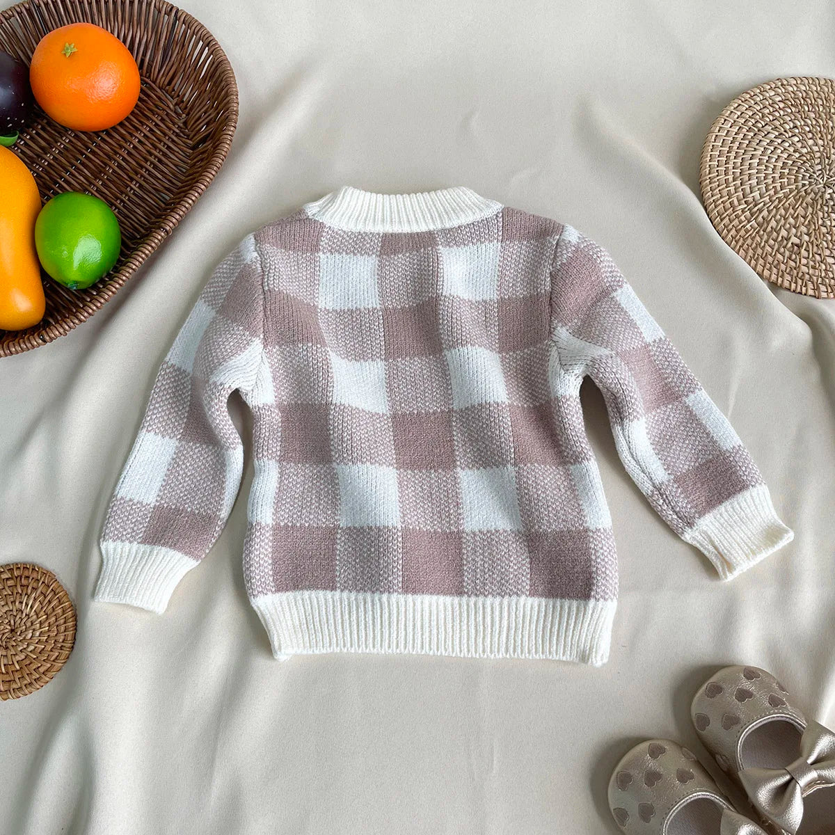 Newborn Baby Girls & Boys Full Sleeve Plaid Knitted Sweatshirt+Pants