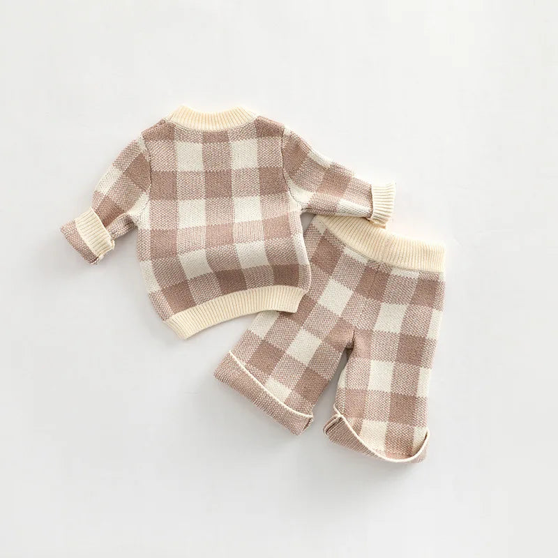 Newborn Baby Girls & Boys Full Sleeve Plaid Knitted Sweatshirt+Pants